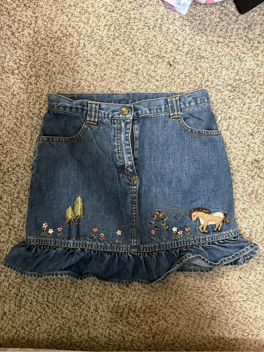 Gymboree Denim Skirt with Embroidered Horse and Floral Detail - Blue Vintage